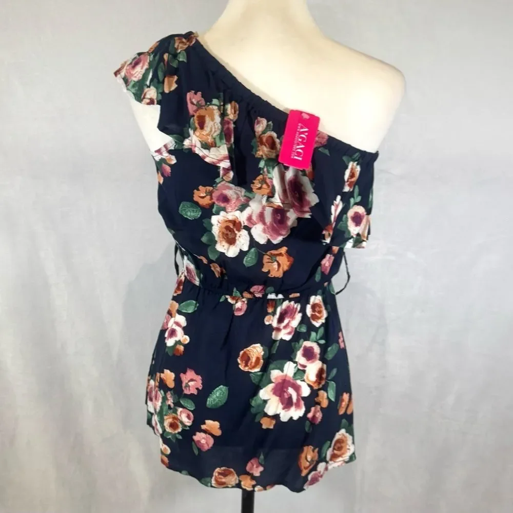 A’gaci navy floral ruffle one shoulder peplum top size small NWT
